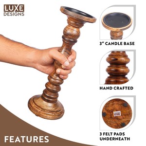 Juego de 3 Portavelas de Madera de Mango Tallada a Mano con Acabado en Nogal Intenso, Soportes Decorativos para Velas de Pilar para un Estilo Atemporal en el Hogar - Product Image 4