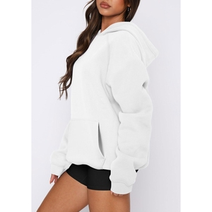 Sweat-shirt à capuche blanc surdimensionné pour femme, à épaules tombantes, manches longues, couleur unie, en fibre de bambou tricotée, longueur standard, respirant - Product Image 2
