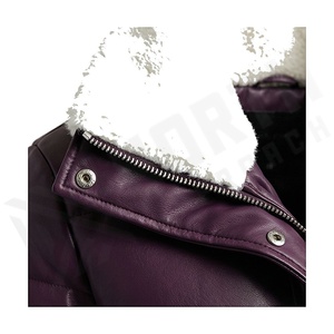 Blouson aviateur en cuir véritable violet avec garniture en fourrure, fermeture éclair, coupe-vent d'hiver, épais, manches longues, couleur unie - Product Image 4