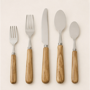 Ensemble de couverts en bois de style premium, 5 pièces, couverts en acier inoxydable pour hôtels et restaurants de luxe, vaisselle artisanale - Product Image 1