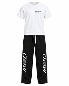 Ensemble de vêtements unisexes en gros personnalisé, t-shirt blanc à imprimé graphique et pantalon large noir, streetwear, deux pièces, marque privée - Product Image 5
