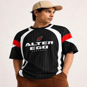 Camiseta de Manga Corta con Cuello en V para Hombre, Negra con Rayas Rojas y Blancas, 100% Algodón, Secado Rápido, Anti-Pilling - Product Image 3