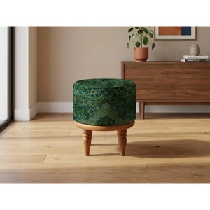 Bohemian Round Fabric <b>Pouf</b> With Abstract Geometric Pattern Wooden Legs Living Room Decor - Product Image 1