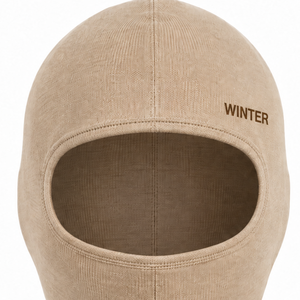 Cagoule en tricot côtelé avec logo personnalisé, masque facial d'hiver beige, couvre-tête intégral, couvre-cou unisexe - Product Image 3