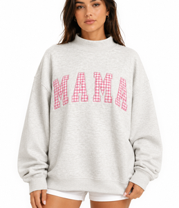 MAMA Women’s Heavyweight Baggy Mockneck Sweatshirt Custom Gingham Plaid <b>Patchwork</b> Oversized Varsity <b>Top</b> - Product Image 1