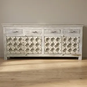Buffet en bois indien recyclé, armoire de rangement à quatre portes, tiroirs, meuble TV artisanal pour salon, salle à manger, chambre - Product Image 5