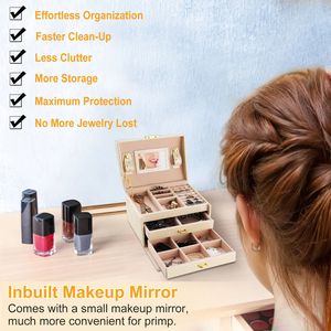 Boîte à bijoux de voyage verrouillable à 3 niveaux en cuir PU avec miroir, étui de rangement et de présentation, boîte de protection pour bijoux - Product Image 4