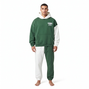 Survêtement Homme Personnalisé en Coton Molletonné Épais, Bicolore, Coupe Oversize, Sweat à Capuche Épaules Tombantes et Pantalon de Jogging Décontracté, Couleurs Contrastées - Product Image 1