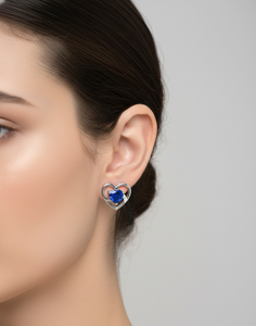 Pendientes de Zafiro Azul Corte Corazón con Diamante Redondo para Mujer, Diamante Natural y Cultivado en Laboratorio - Product Image 3