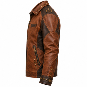 Brown Mens Leather Jacket Bull Graphic Print Spiked <b>Studded</b> Biker Coat Lapel Collar Custom OEM ODM Factory Wholesale Production - Product Image 4