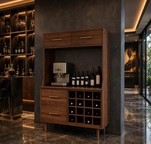 Modern Solid Teak <b>Bar</b> <b>Cabinet</b> with Wine Storage and Coffee Station with Drawers Freestanding Console - Product Image 5