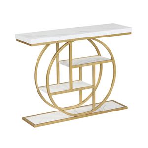 Consolle Moderna da 41 Pollici con 3 Ripiani Aperti in Rovere per Ingresso, Tavolo da Divano con Struttura in Metallo a Forma di O per Soggiorno e Corridoio - Product Image 4