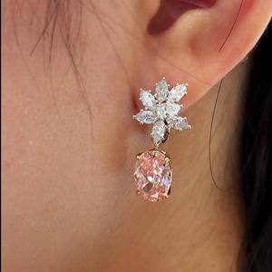 18K Gold Lab Grown Diamond Drop <b>Earrings</b> IGI Certified Pink Oval Cut Flower <b>Studs</b> Luxury Iced Out Floral Dangle Women Jewelry - Product Image 1