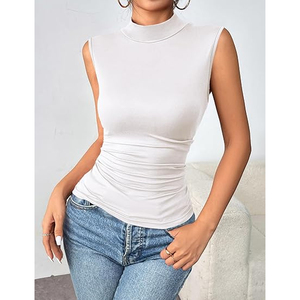 Body blanc sans manches à col montant pour femme, coupe ajustée, extensible, style débardeur, idéal pour les soirées, basique et tendance, 100% polyester, pour l'hiver - Product Image 2