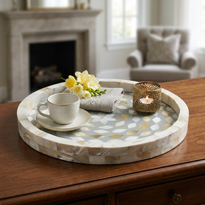 Handmade Mother of Pearl Shell Tray Round Decorative Serving Tray with Grey Resin Base Luxury <b>MOP</b> Inlay Tray for Home Decor - Product Image 5