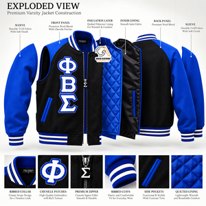 Phi Beta Sigma |   Veste universitaire en satin de qualité supérieure personnalisée pour homme, noire et bleue, avec patch brodé de lettres grecques, grande taille, décontractée - Product Image 5