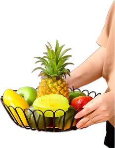 Corbeille à fruits en fil métallique noir avec base en bois, panier décoratif moderne pour fruits, légumes et collations, idéal pour la cuisine, la table à manger et le comptoir. - Product Image 5