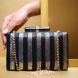 Luxury Black <b>Silver</b> Sequin <b>Clutch</b> Dual Side Design with Raw Silk Inner Designer Clasp and Long Sling Chain - Product Image 1