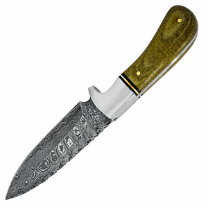 Cuchillo de Caza con Hoja Negra Gris y Patrón Damasco, Mango Verde Oliva, Guarda de Plata y Empuñadura Remachada para Uso en Exteriores - Product Image 5