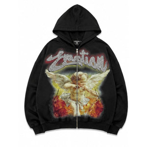 Sweat à capuche zippé oversize pour homme, style streetwear, imprimé ange noir, mode automne, en molleton tricoté, coupe classique - Product Image 2