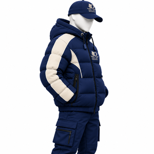 OARH INT INDUSTRY Veste matelassée à capuche pour homme, couleur marine et beige, coupe-vent, épaisse, hiver, fermeture éclair - Product Image 5