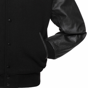 Chaqueta de invierno negra para hombre, estilo universitario, con mangas de lona, logotipo bordado, diseños de parches, cuello alto informal, forro polar Sherpa. - Product Image 4