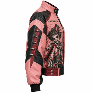 <b>Women</b> Pink Black Leather <b>Jacket</b> Custom Clown Graphic Print Metal Studded Spiked Bomber Coat OEM ODM Made To Order Supplier - Product Image 3