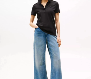 Camisa Polo Negra para Mujer, Manga Corta, Color Sólido, Casual, Tejido Popelín, Corte Regular, Venta al Por Mayor OEM - Product Image 1
