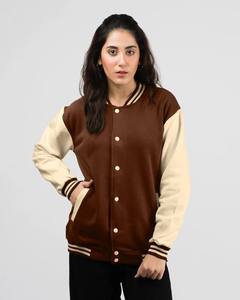 Veste universitaire marron et crème pour femme, manches longues, boutonnée, design contrasté, pour l'automne - Product Image 2