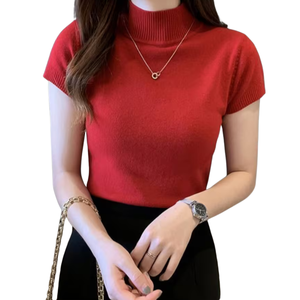 Suéter de manga corta ajustado para mujer, con cuello de botones, tejido acanalado, top básico informal, bordado frontal vintage de invierno, OEM ODM - Product Image 3