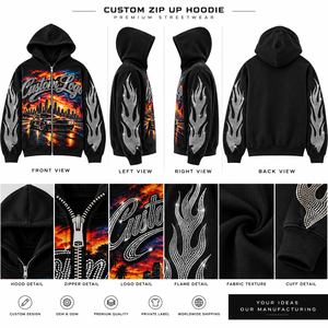 Custom Rhinestone Flame 100% Cotton Fleece Men's <b>Black</b> Studded <b>Zip</b> up Streetwear <b>Hoodie</b> OEM Private Label Printed Design - Product Image 3