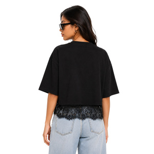 Chemisier court ample et oversize pour femme, avec empiècements en dentelle de luxe, épaules tombantes, 100% Coton, manches courtes, haut décontracté DTG - Product Image 2