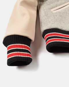 Veste varsity en laine mélangée pour homme avec manches en cuir et doublure matelassée, col rabattu, vêtement décontracté pour l'automne - Product Image 5