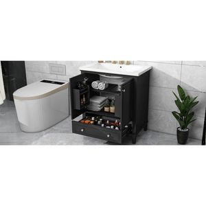 Mobile Bagno Multifunzionale da 30 Pollici con Struttura Solida in MDF, Lavabo Integrato, Mobile Nero con Ante e Cassetto - Product Image 3