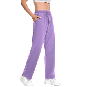Pantalones Deportivos Morados para Mujer, Cintura Elástica con Cordón, Pantalones Casuales con Bolsillos Laterales, Estilo Transpirable de Algodón Tejido para Otoño - Product Image 1