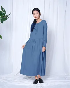Vestido Maxi Bohemio Azul Cielo con Cuello Redondo, de Algodón y Lino, Manga Larga, Corte Holgado, Botones al Frente, Vestido Maxi Casual de Verano - Product Image 4