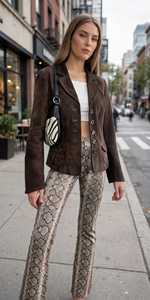 Women's Brown Suede <b>Blazer</b> Long Sleeve Notched Collar Button Up Coat - Product Image 4