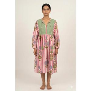 Vestido midi de algodón vintage para mujer, estampado a mano con diseño floral Buta y mangas abullonadas - Product Image 1