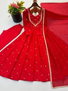 Nuevo lanzamiento: Conjunto de vestido de fiesta Anarkli reversible de encaje elegante con estampado digital de georgette sintético para mujer, largo hasta el suelo y sin arrugas. - Product Image 5