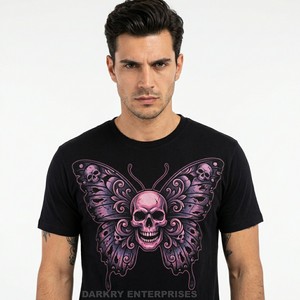 Camiseta Gráfica Negra para Hombre al por Mayor, Camiseta Personalizada con Estampado de Calavera Rosa y Mariposa, Top de Algodón de Manga Corta con Cuello Redondo, Moda Urbana - Product Image 1