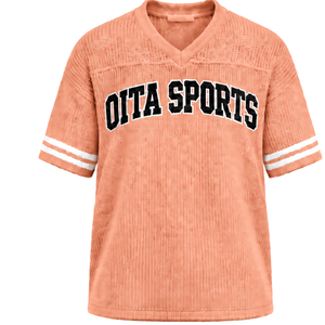 Camiseta Deportiva Ligera de Punto Rosa Melocotón con Cuello en V, Manga Corta, Detalle de Rayas, Personalizada, Oversize, Informal, Uniforme Deportivo para Equipo - Product Image 1