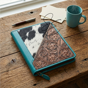 Western Tooled Leather Portfolio <b>Folder</b> Hair On Cowhide <b>A4</b> Organizer Zipper Case Turquoise Edge Business Padfolio OEM - Product Image 3
