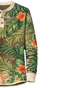 เสื้อเชิ้ตเฮนลีย์ลายดอกไม้เขตร้อนสำหรับผู้ชาย สีเขียว แขนยาว ติดกระดุม แนวลำลอง สไตล์ชายหาดฤดูร้อน น้ำหนักเบา แฟชั่นทันสมัย - Product Image 4