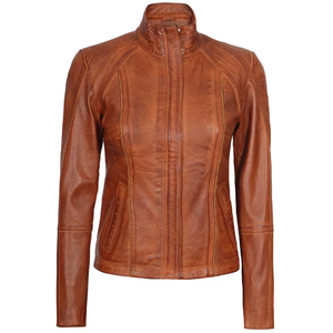 Brown Leather Biker Jacket Women Stylish Urban Slim Fit Breathable Knitted Canvas <b>Zipper</b> Classic Streetwear Casual Winter High - Product Image 5