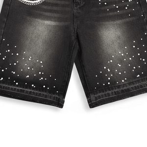 Men's Summer Casual Denim Shorts Solid Color Washed Rhinestone <b>Embellishment</b> Custom Logo Loose Fit Elastic Waist Latest Design - Product Image 4