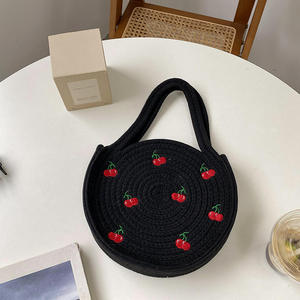 Bring playful charm to your everyday look with this stunning Natural yarn <b>bag</b> featuring <b>sweet</b> cherry embroidery and round handle - Product Image 4