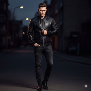 Blouson Bomber de Luxe en Cuir Noir avec Doublure en Polyester Matelassé, Style Streetwear Hiver Coupe-Vent Écologique Unisexe Col Rond - Product Image 4