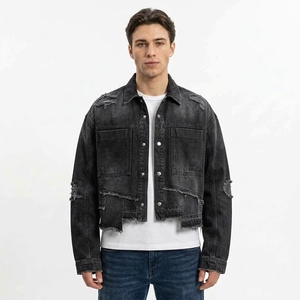 Vestes en jean de haute qualité, coupe-vent, multi-poches, en coton robuste, style patchwork, avec surpiqûres contrastées, pour le travail - Product Image 2