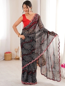 Sari de Georgette KV para Mujer con Estampado Floral y Bordado Bandhani (Negro), Sin Arrugas, Reversible, para Bodas de Otoño - Product Image 4
