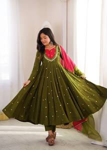 Costume Anarkali traditionnel vert olive pour femmes avec dupatta brodé, coupe ample, longueur au sol, tenue décontractée, style Inde Pakistan - Product Image 3